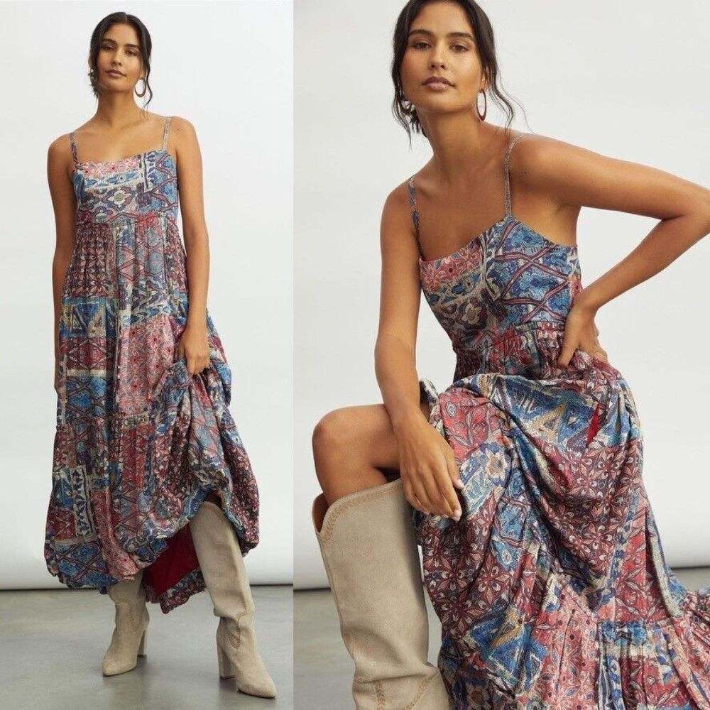 NWT Anthropologie Patchwork Maxi Dress in Blue, Red, Pink